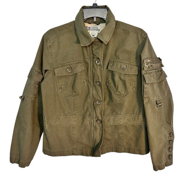 Women’s Columbia Army Green Khaki Field Jacket Zip & Button Size L - Picture 1 of 9